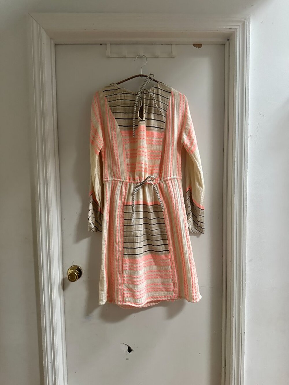 Ace & Jig Handwoven Cotton Shift Dress - Neon Coral & Black Stripe, Size M